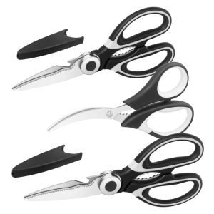 Kitchen Scissors, Multipurpose Heavy Duty Meat and Poultry Scissors, Stainless Steel Blades, 2 Kitchen Scissors, 1 Fish Scissors, Black, Set of 3