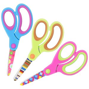 Children's Scissors with Patterned Children's Scissors, Blunt Tip Safety Kids Craft Scissors, Stainless Steel Blades, Soft Handles, Pink, Blue, Fruit Green, 3 Pairs